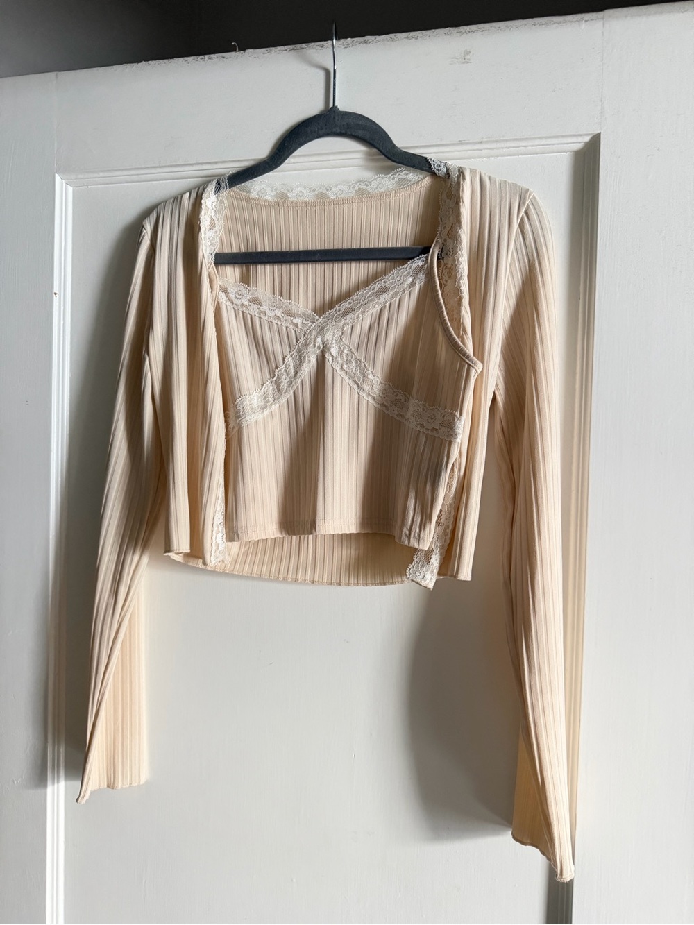 Pleated Lace-Trim Crop Top in Beige